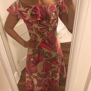 70s inspired off the shoulder mid length dress!